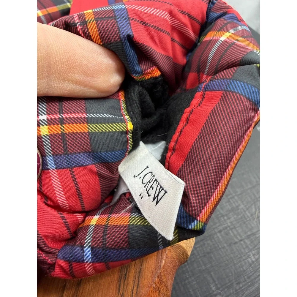 J. Crew Tartan Plaid Puffer Mittens Womens OS Red Quilted Fleece Lined Winter